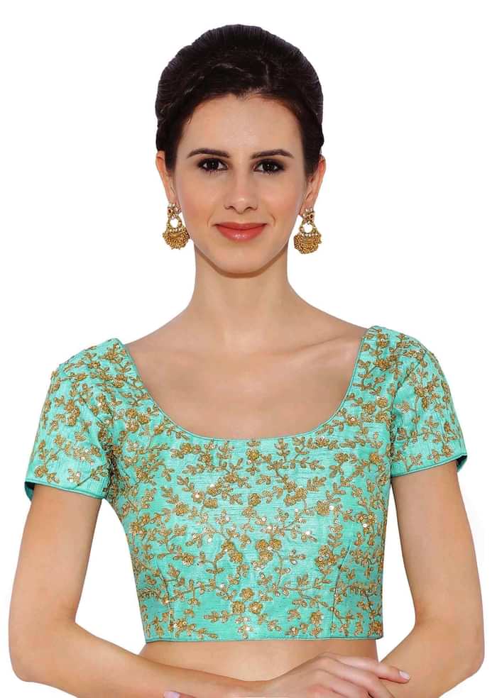 Sea Blue Blouse In Raw Silk With Sequins Embroidery And Side Zip Online - Kalki Fashion