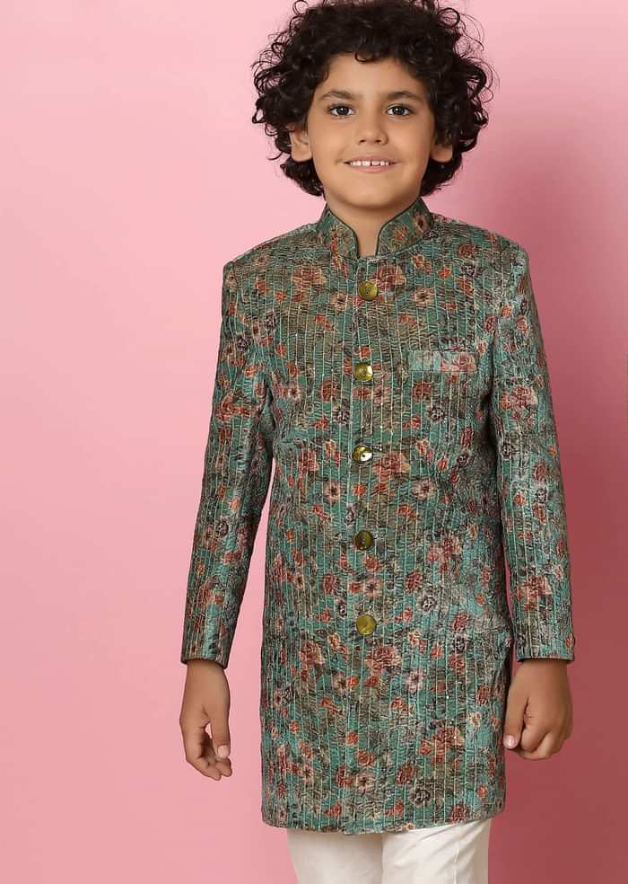 Kalki Airforce Blue Boys Embroidered Sherwani Set