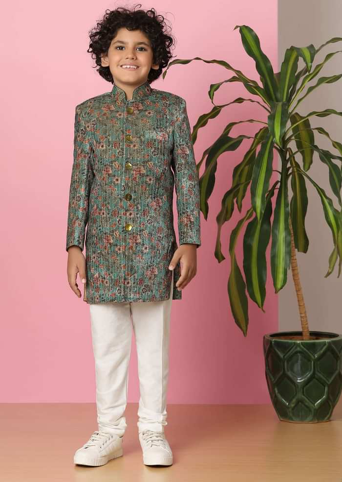 Kalki Airforce Blue Boys Embroidered Sherwani Set