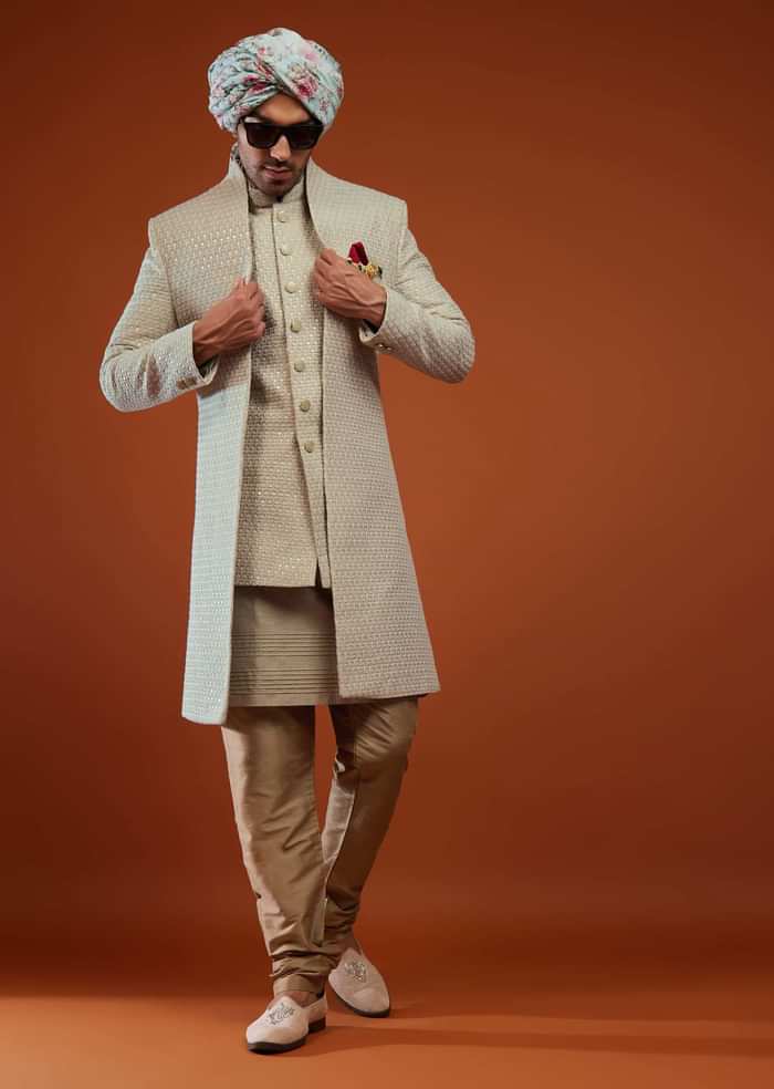 Moss Green Festive Sherwani With Embroidery