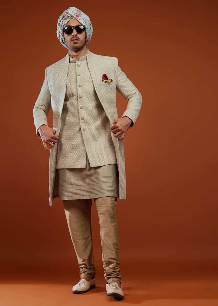 Moss Green Festive Sherwani With Embroidery