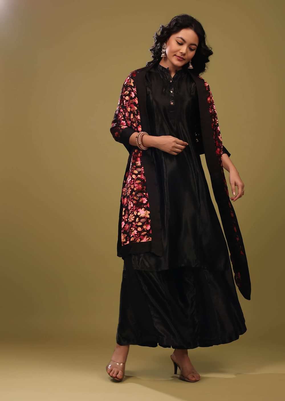 Black Palazzo Suit In Gajji Silk With A Beautiful Velvet Floral Embroidered Dupatta
