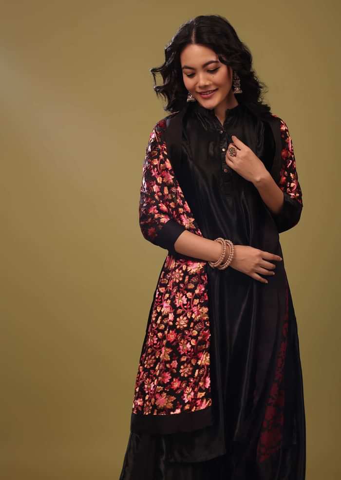 Black Palazzo Suit In Gajji Silk With A Beautiful Velvet Floral Embroidered Dupatta
