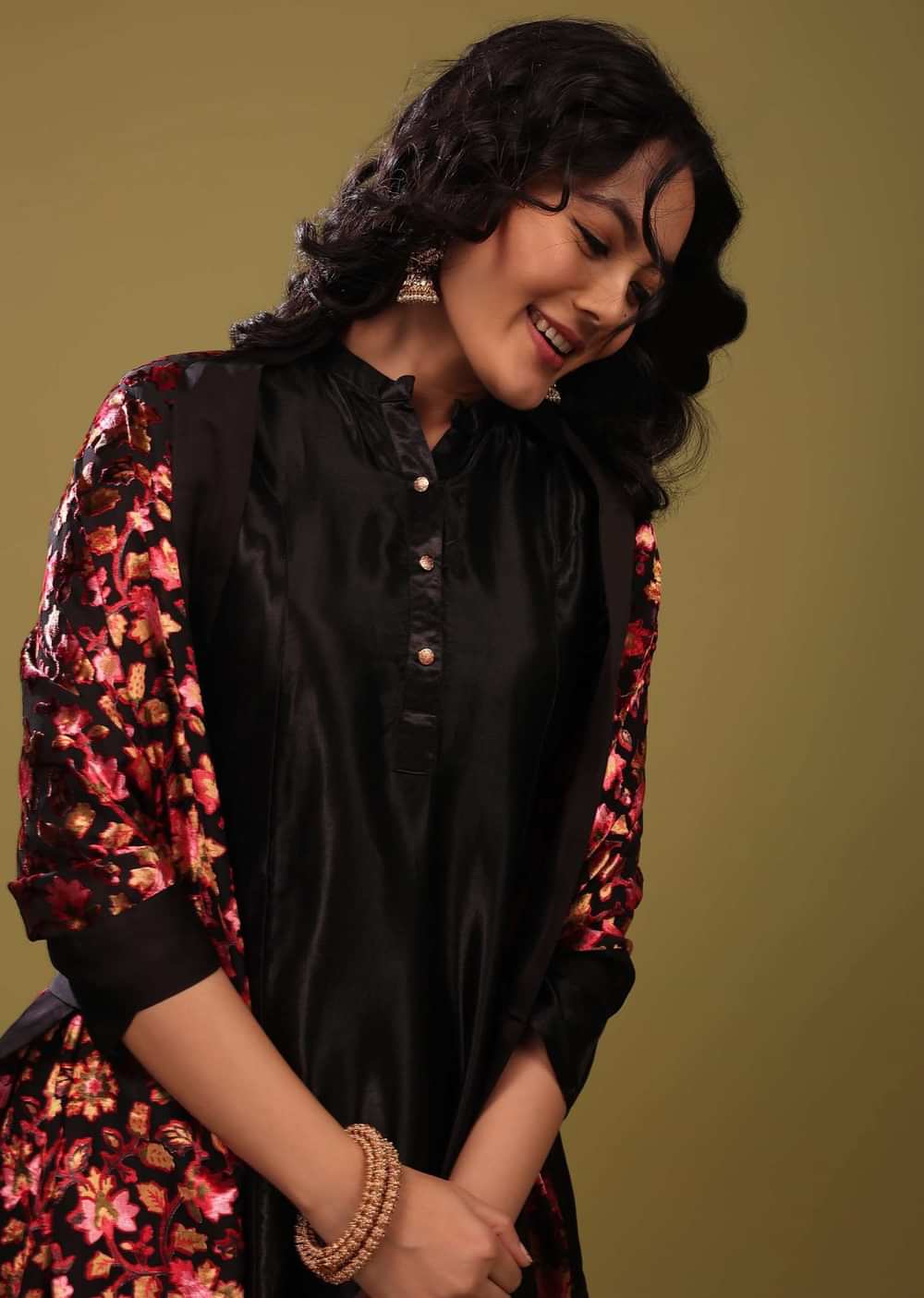Black Palazzo Suit In Gajji Silk With A Beautiful Velvet Floral Embroidered Dupatta