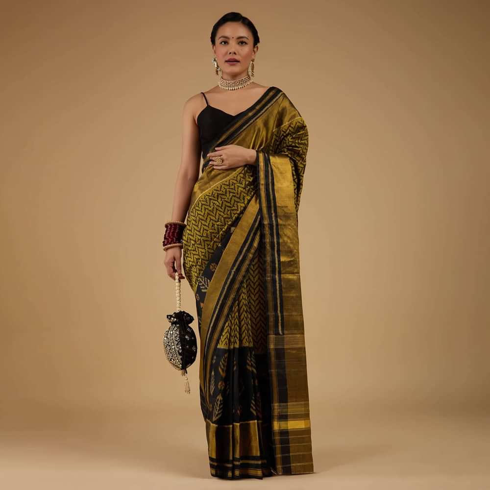 Moss Green And Black Saree In Silk With Ikat Weave Patola Geometric Work