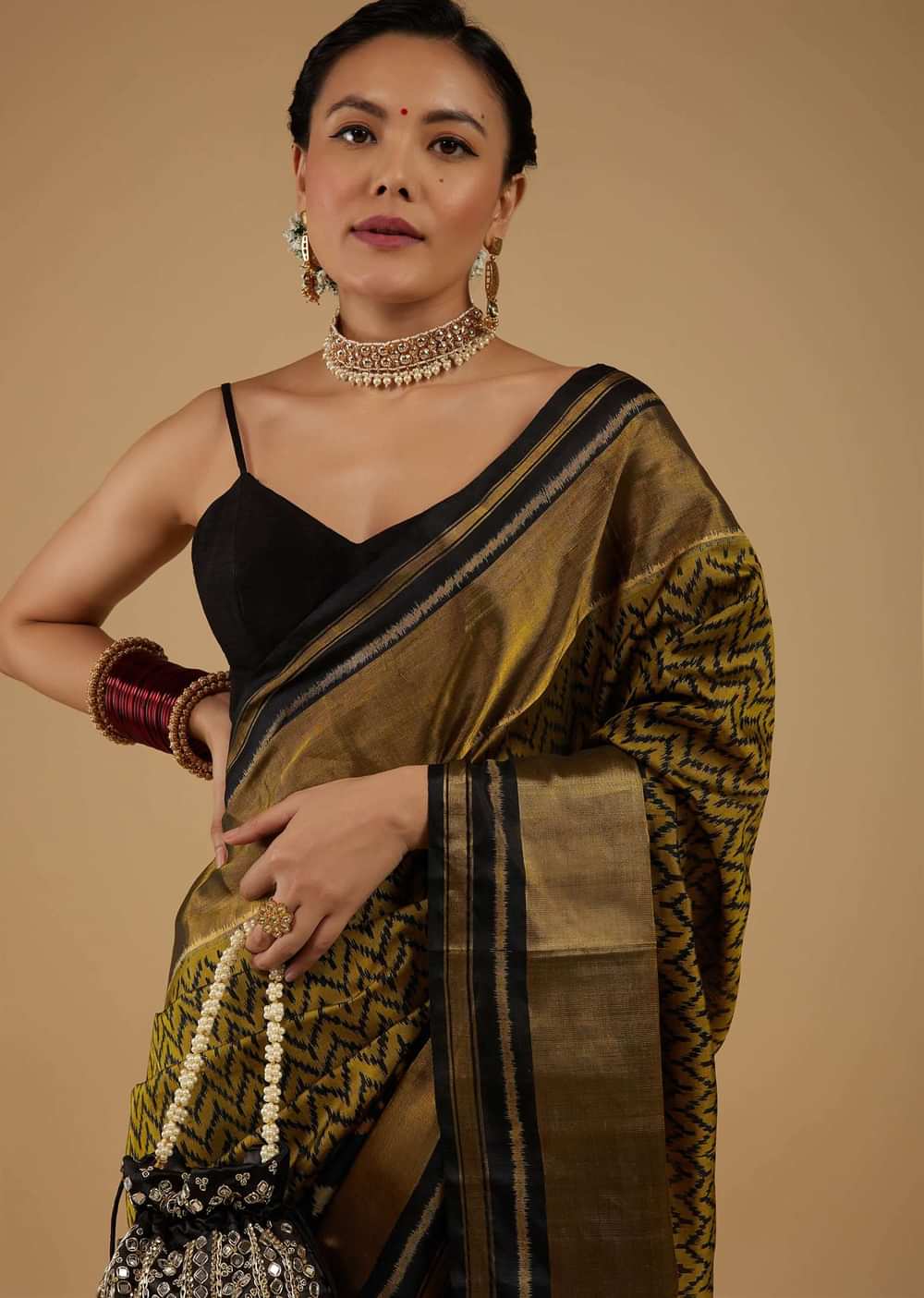 Moss Green And Black Saree In Silk With Ikat Weave Patola Geometric Work