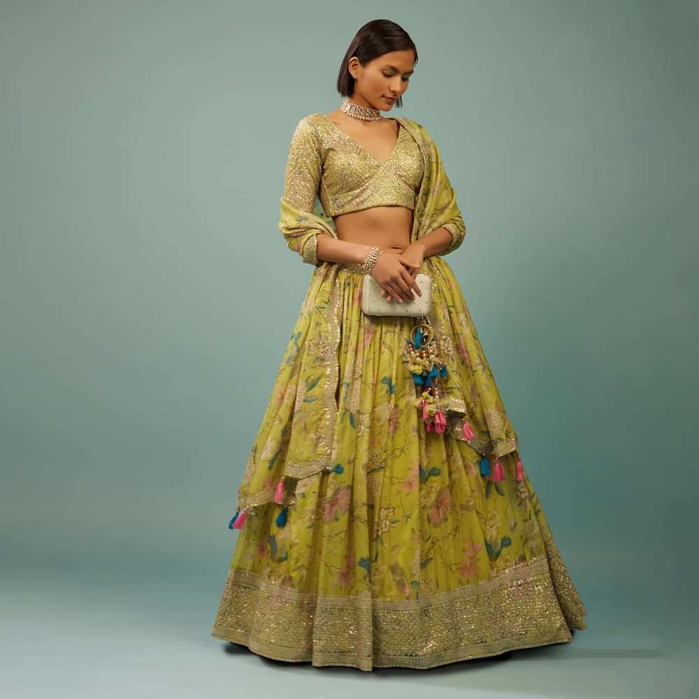 Lime Green Lehenga Choli Set In Organza With Print & Embroidery