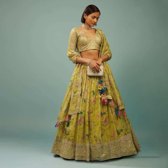 Lime Green Lehenga Choli Set In Organza With Print & Embroidery