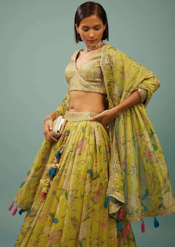 Lime Green Lehenga Choli Set In Organza With Print & Embroidery