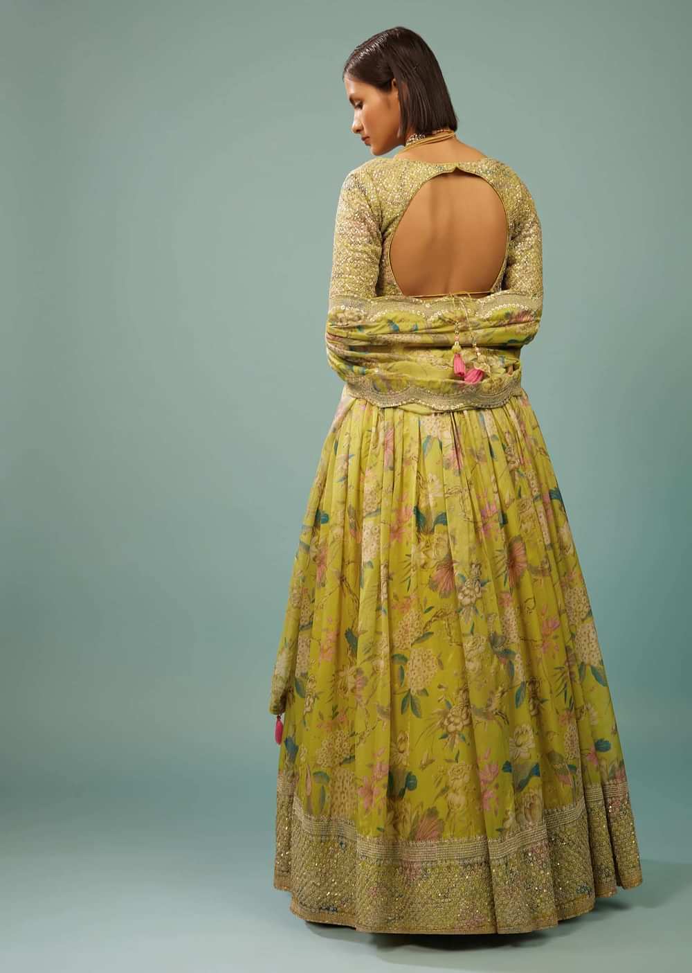 Lime Green Lehenga Choli Set In Organza With Print & Embroidery