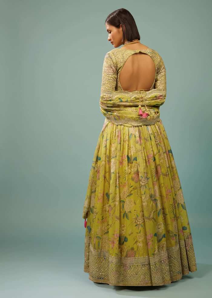 Lime Green Lehenga Choli Set In Organza With Print & Embroidery