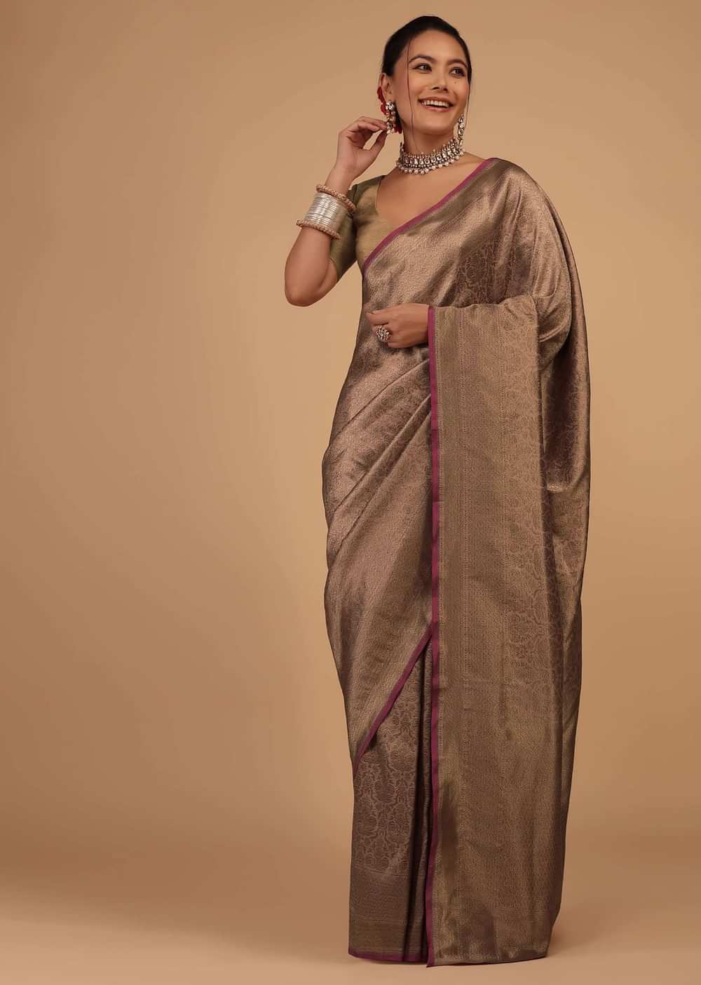 Ash Peach Saree In Pure Banarasi Silk With Upada Zari Weave Floral Jaal Work