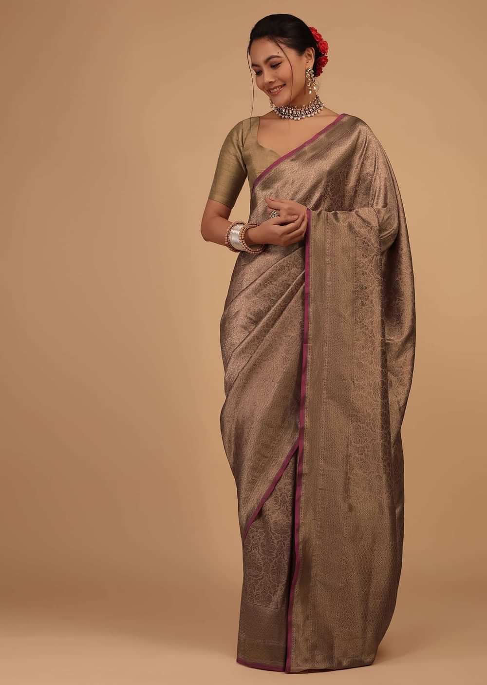 Ash Peach Saree In Pure Banarasi Silk With Upada Zari Weave Floral Jaal Work