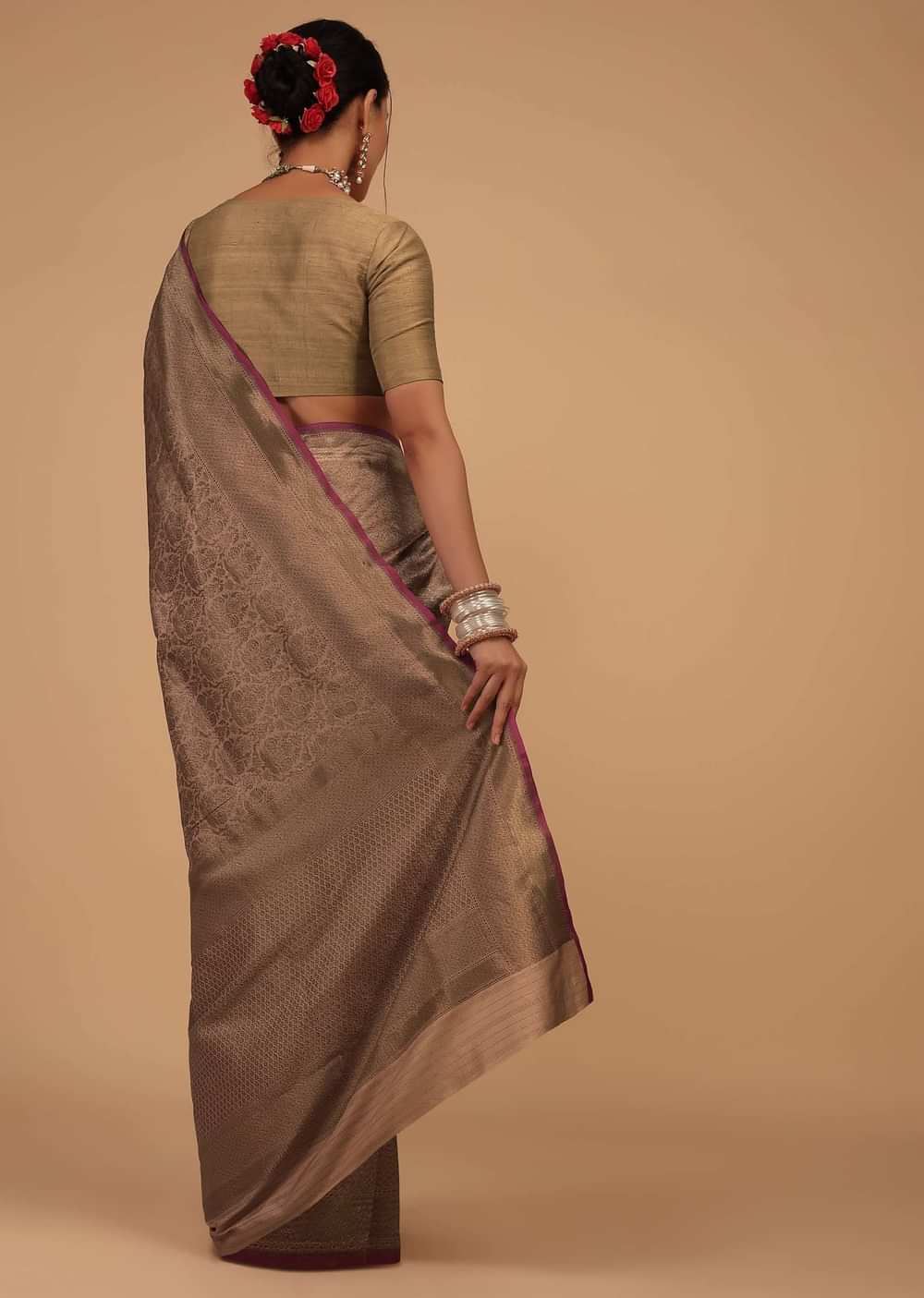 Ash Peach Saree In Pure Banarasi Silk With Upada Zari Weave Floral Jaal Work
