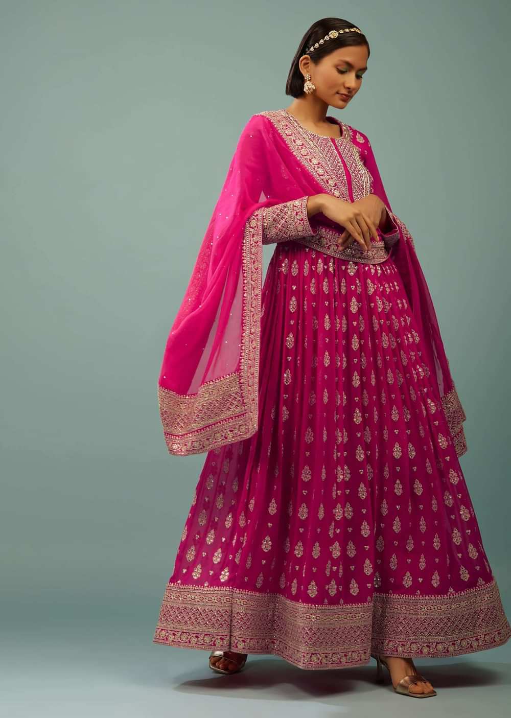 Hot Pink Anarkali Suit In Georgette With Embroidery