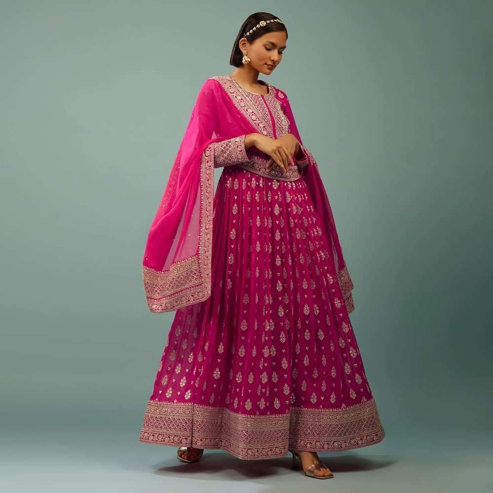 Hot Pink Anarkali Suit In Georgette With Embroidery