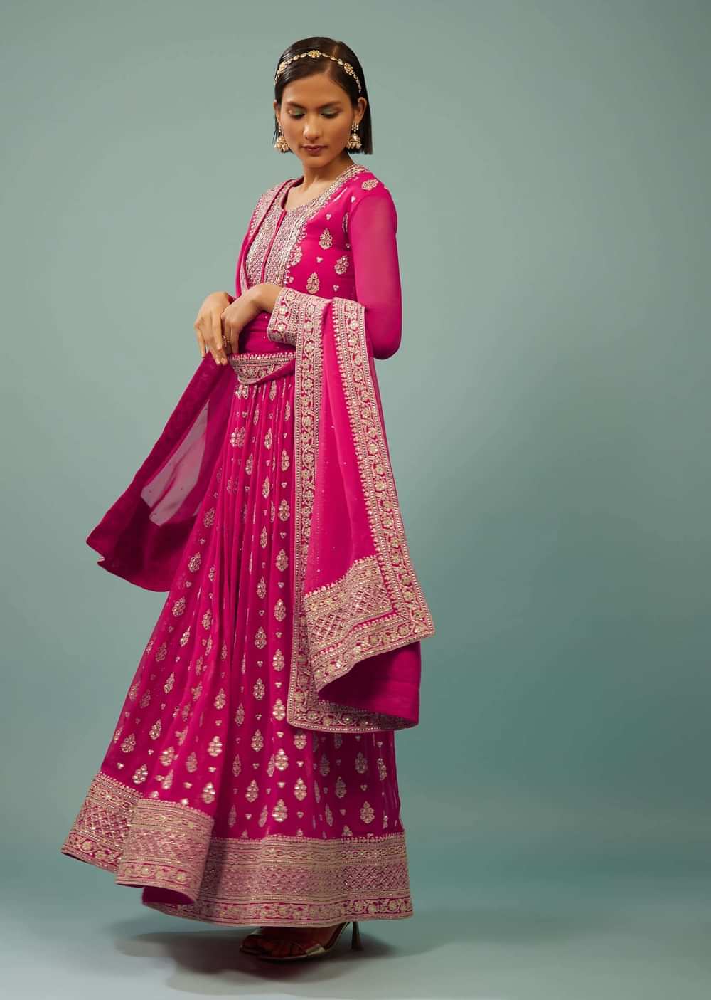 Hot Pink Anarkali Suit In Georgette With Embroidery