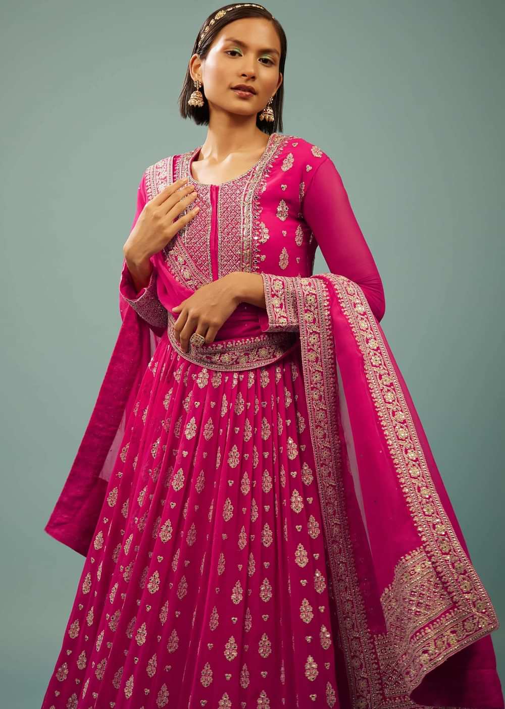 Hot Pink Anarkali Suit In Georgette With Embroidery