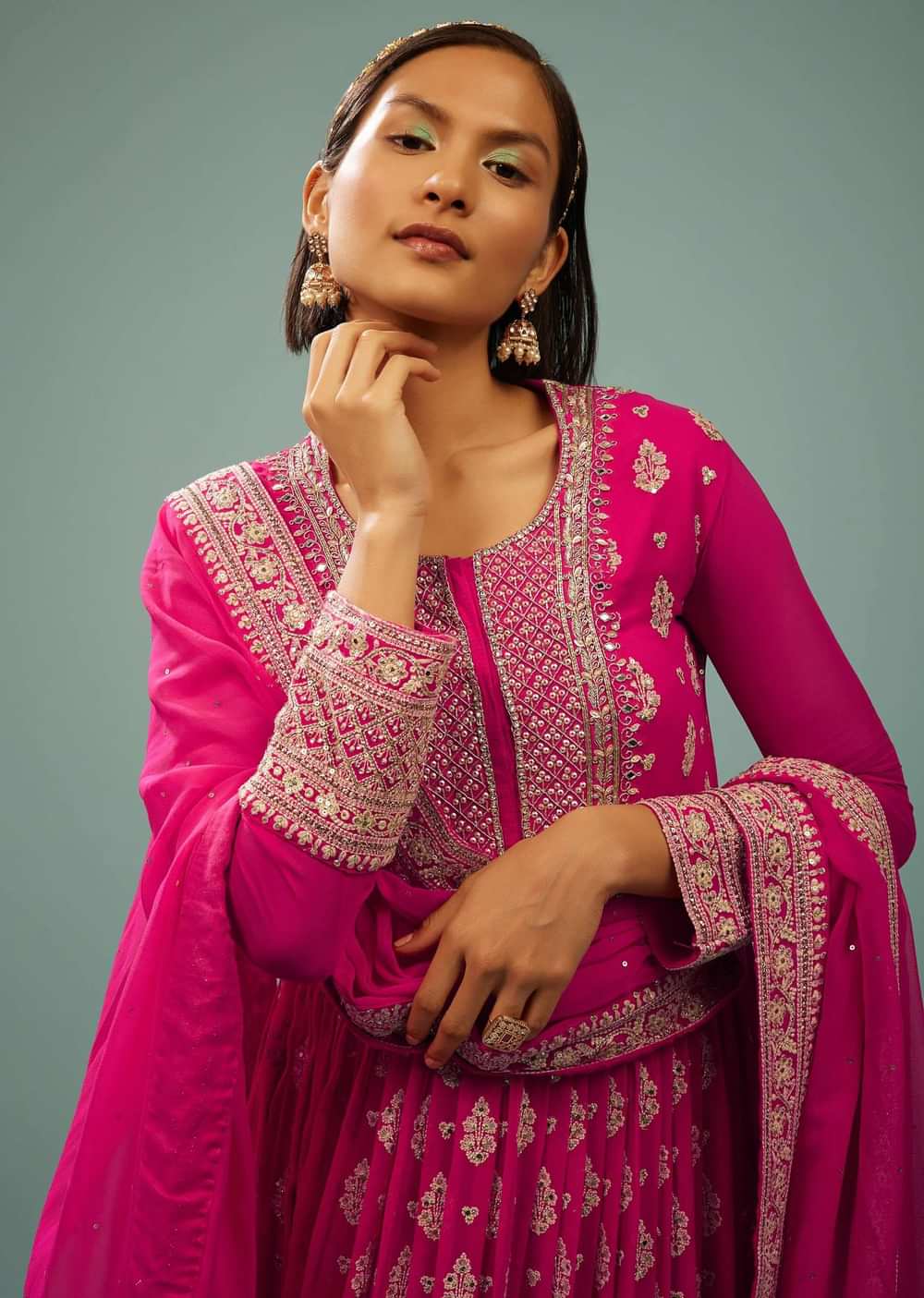 Hot Pink Anarkali Suit In Georgette With Embroidery