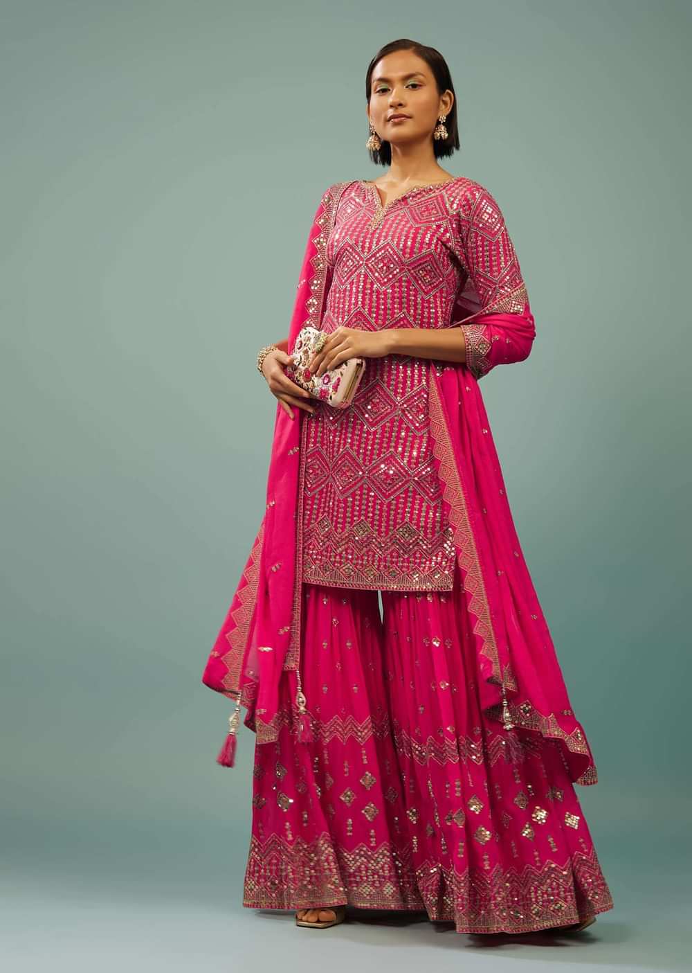 Fuschia Pink Sharara Suit In Georgette With Embroidery