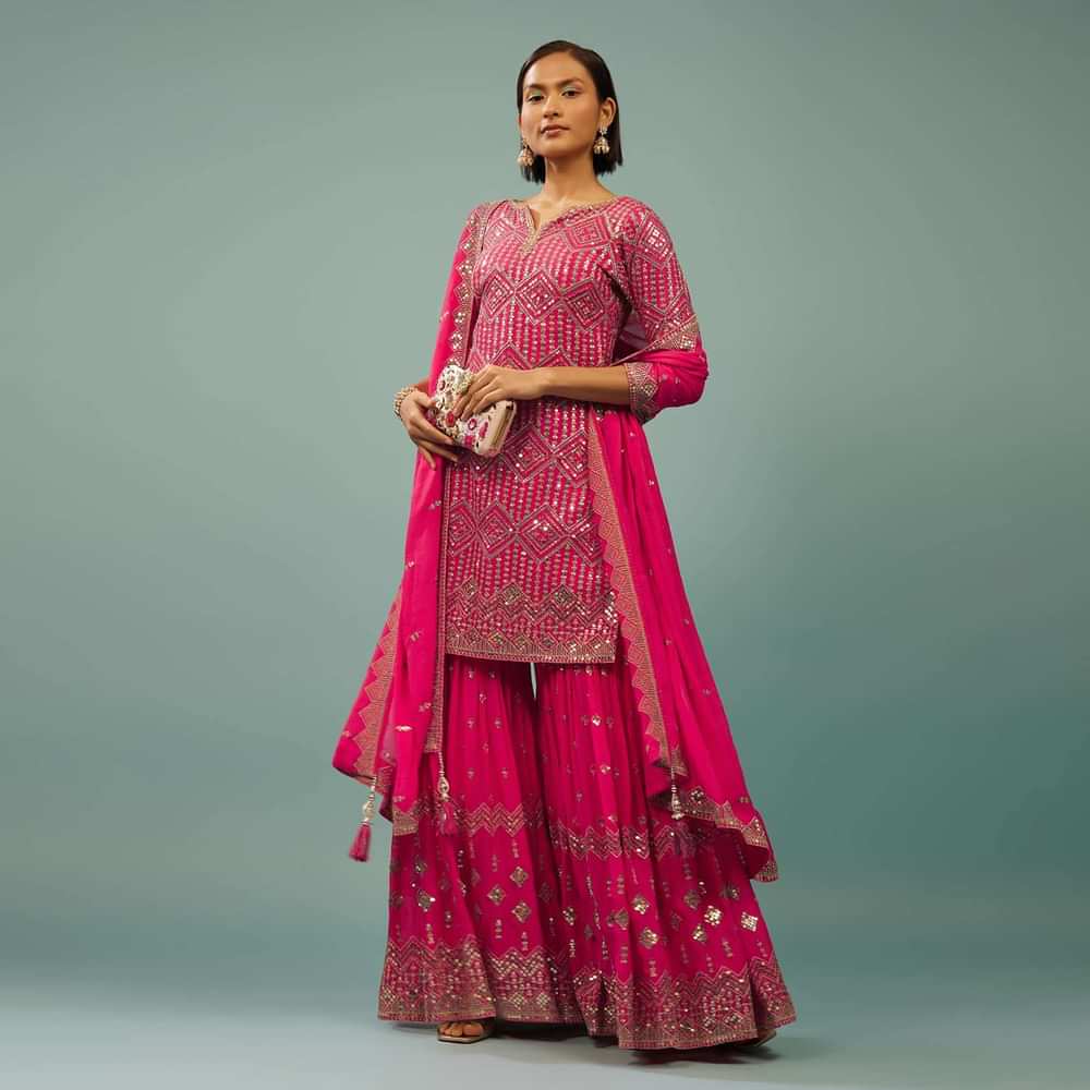 Fuschia Pink Sharara Suit In Georgette With Embroidery