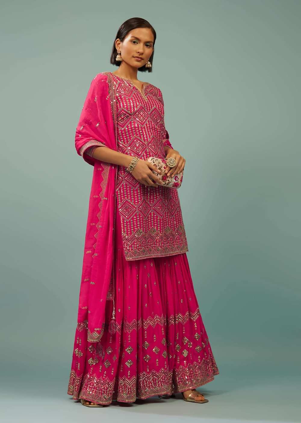Fuschia Pink Sharara Suit In Georgette With Embroidery