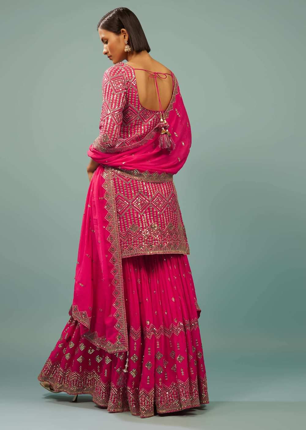 Fuschia Pink Sharara Suit In Georgette With Embroidery