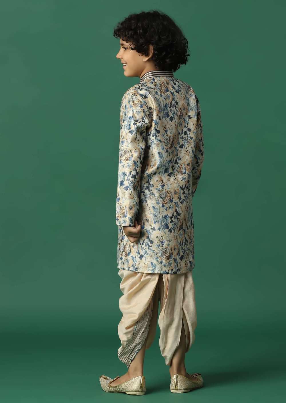 Kalki Beige Boys Dhoti Kurta Set In Silk With Floral Print For Boys