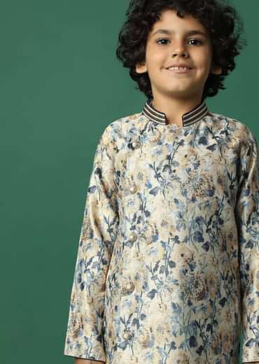 Kalki Beige Boys Dhoti Kurta Set In Silk With Floral Print For Boys
