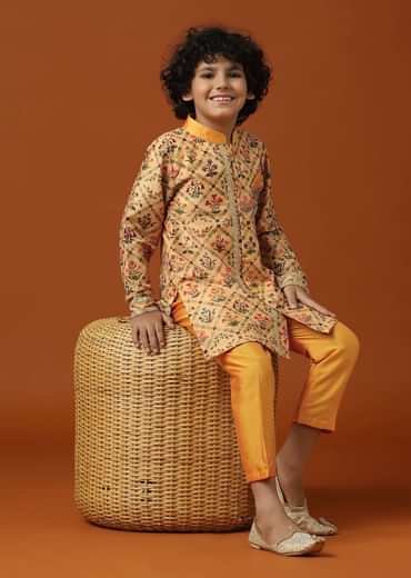 Kalki Beige Orange Printed Kurta Pant Set In Cotton Silk