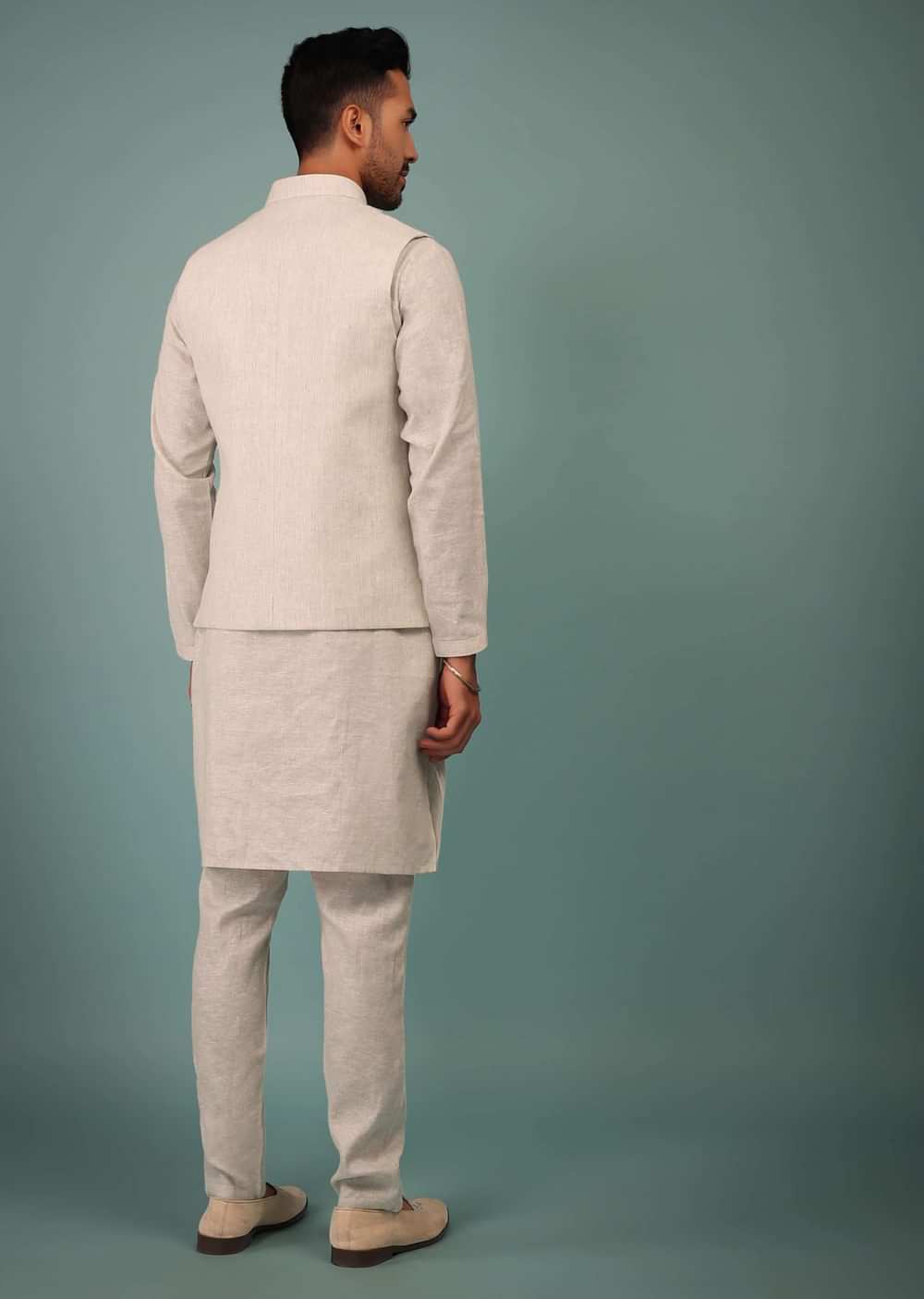 Kalki Birch White Bandi Jacket Set In Linen With Blooming Floral Embroidery