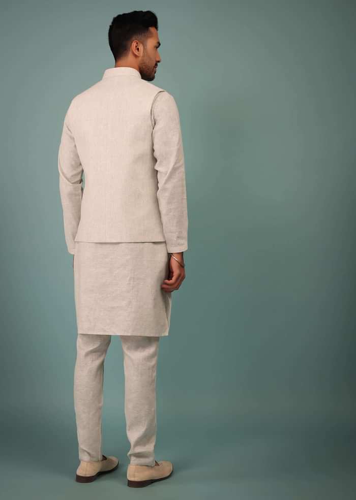 Kalki Birch White Bandi Jacket Set In Linen With Blooming Floral Embroidery