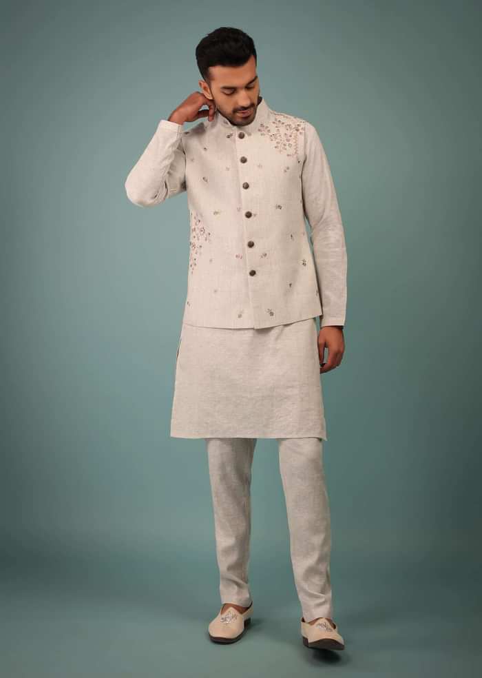 Kalki Birch White Bandi Jacket Set In Linen With Blooming Floral Embroidery