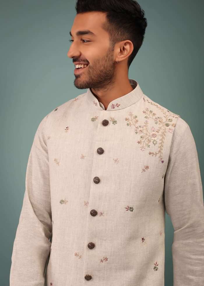 Kalki Birch White Bandi Jacket Set In Linen With Blooming Floral Embroidery