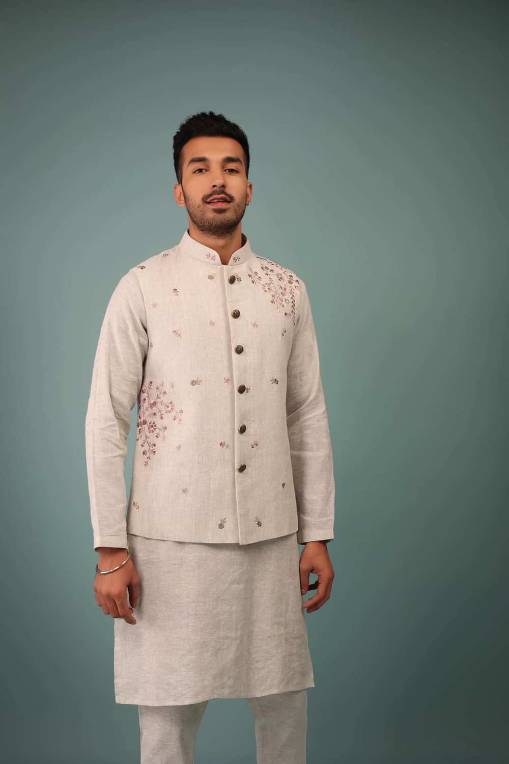 Kalki Birch White Bandi Jacket Set In Linen With Blooming Floral Embroidery