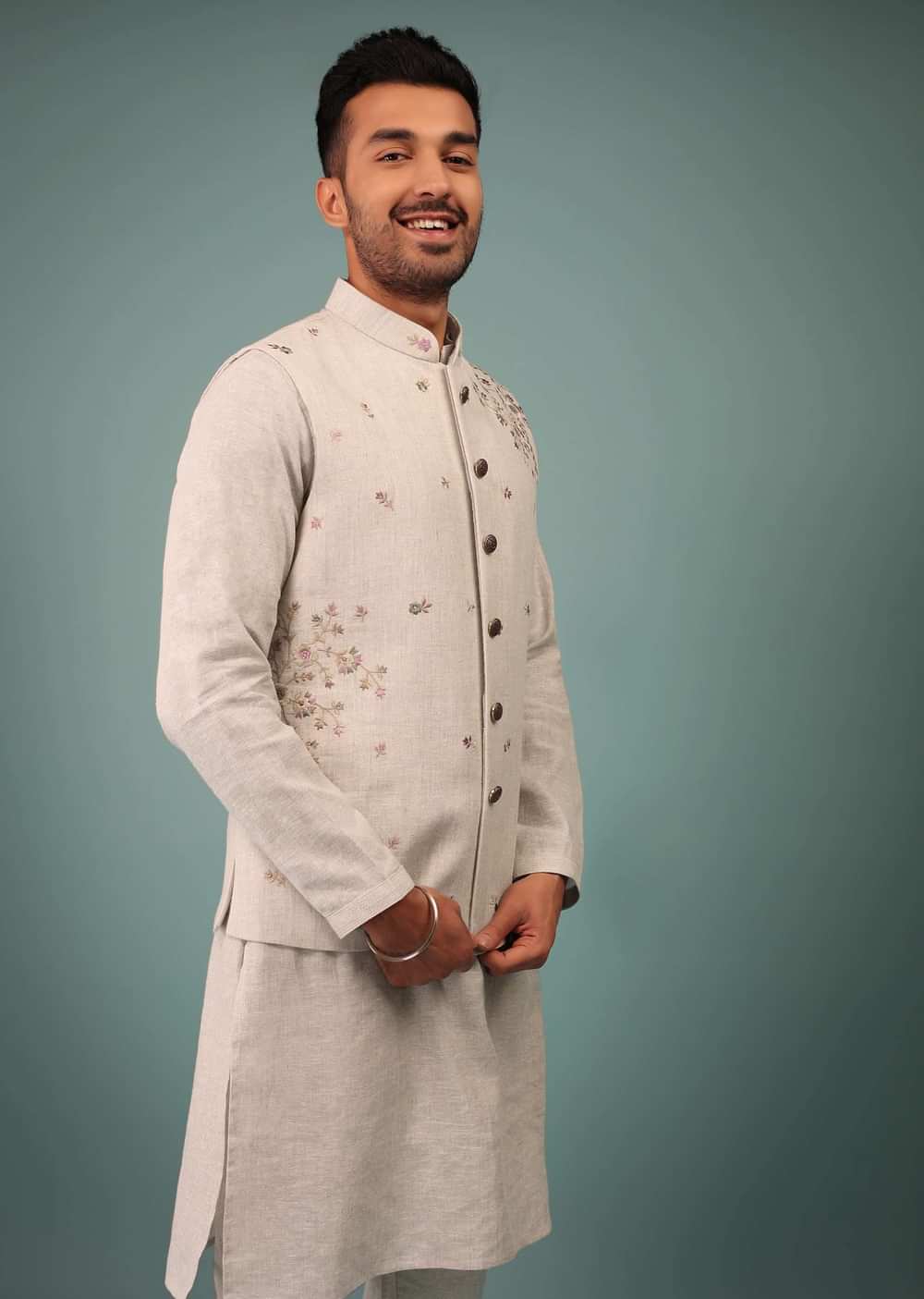 Kalki Birch White Bandi Jacket Set In Linen With Blooming Floral Embroidery
