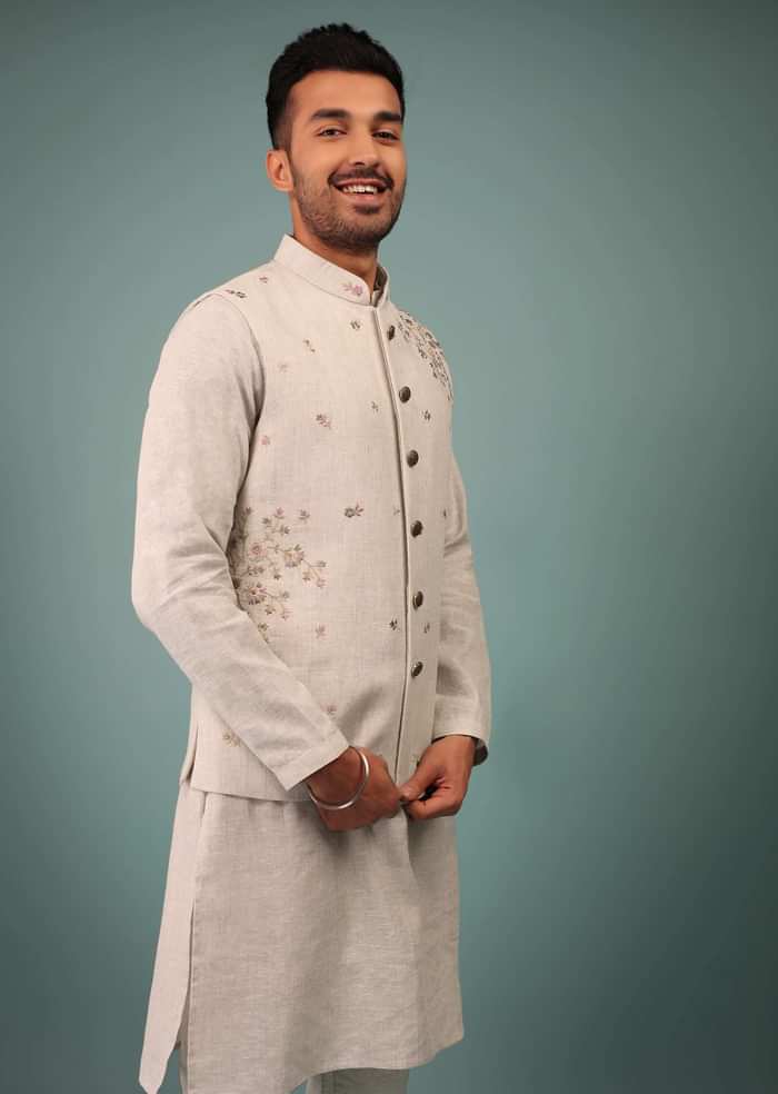 Kalki Birch White Bandi Jacket Set In Linen With Blooming Floral Embroidery