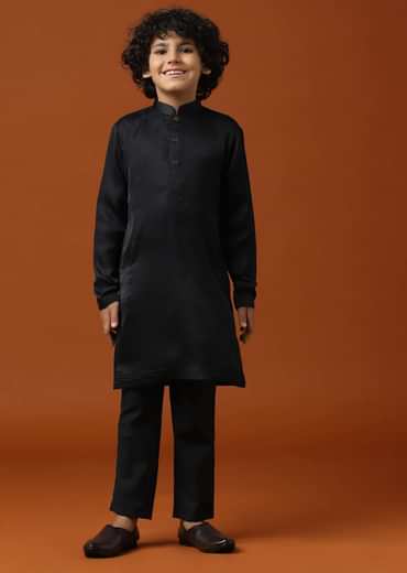 Kalki Black Embroidered Terry Rayon Jacket And Silk Kurta Set For Boys