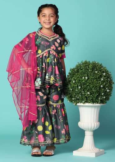 Kalki Black Printed Kurta And Sharara Set In Cotton Silk For Girls