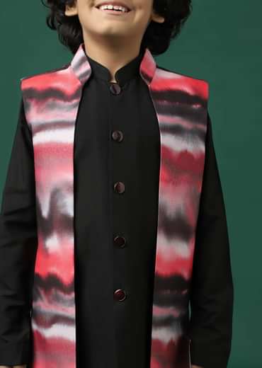 Kalki Black Printed Kurta Jacket Set In Silk For Boys