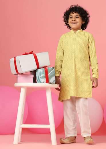 Kalki Blazing Yellow Kurta Set In Silk With Threadwork For Boys
