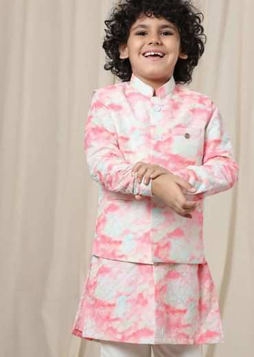 Kalki Blossom Pink Tie-Dye Bandi Jacket Set In Silk With Threadwork For Boys