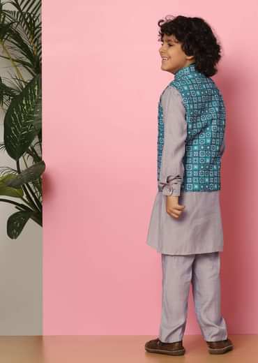 Kalki Blue Bandi Jacket And Kurta Set In Silk With Threadwork For Boys