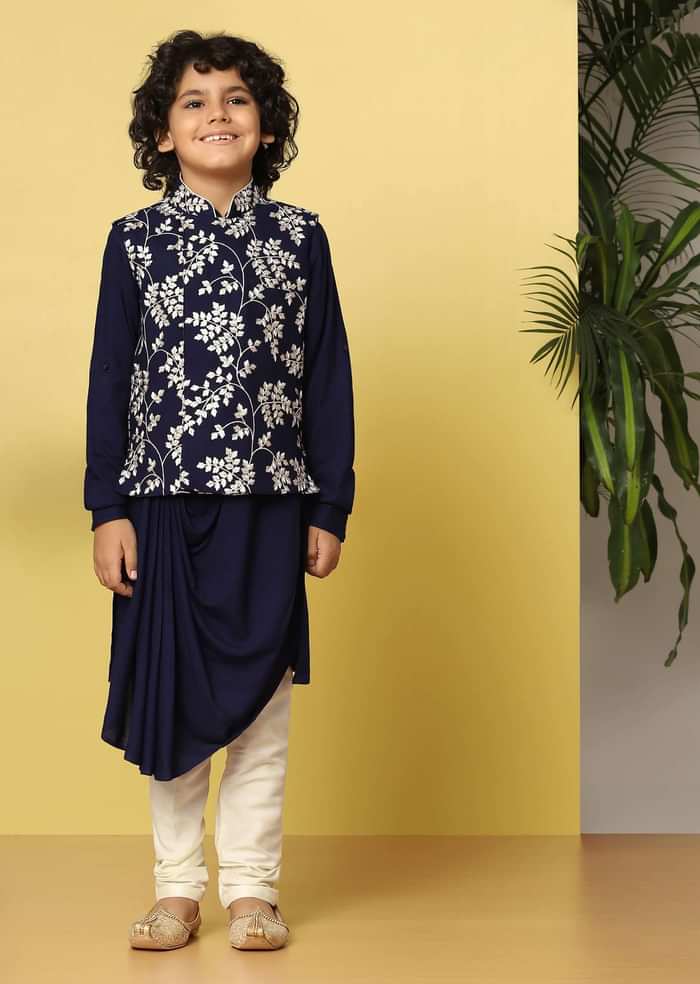 Kalki Blue Bandi Kurta Set In Tussar Silk With Threadwork For Boys