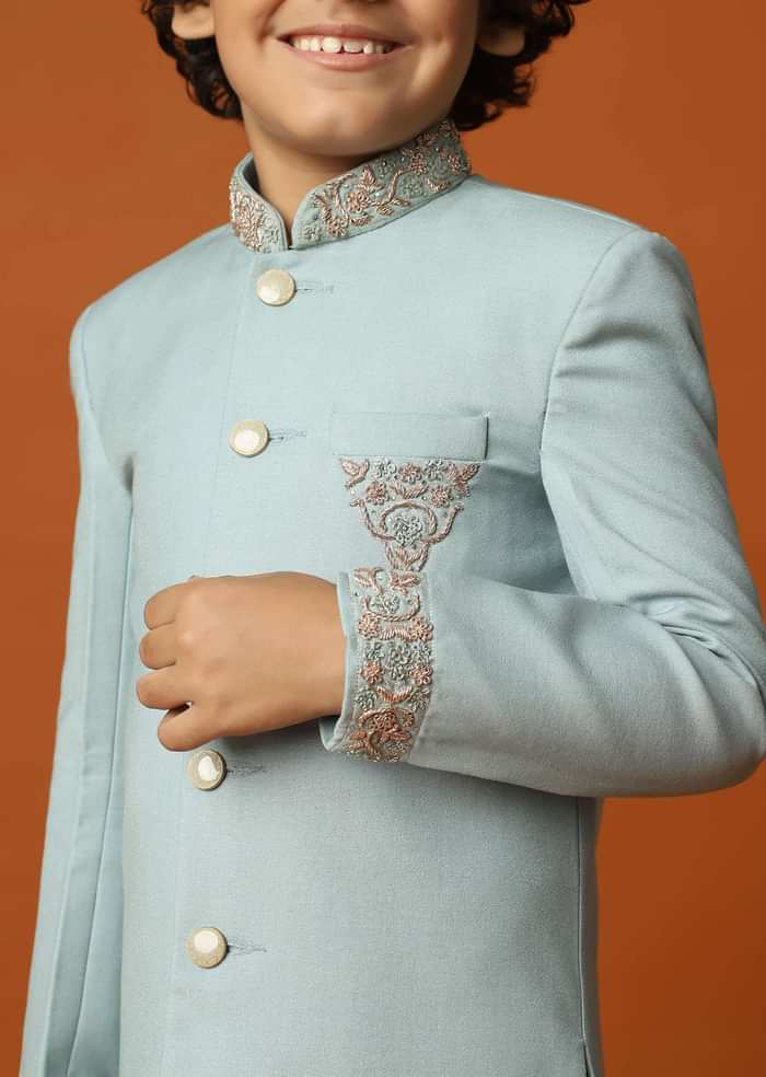 Kalki Blue Sherwani Set In Suiting Fabric With Threadwork For Boys