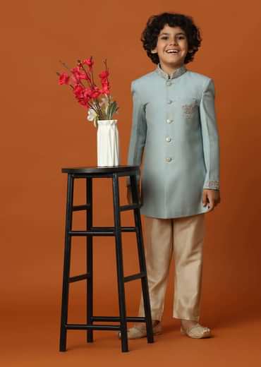 Kalki Blue Sherwani Set In Suiting Fabric With Threadwork For Boys