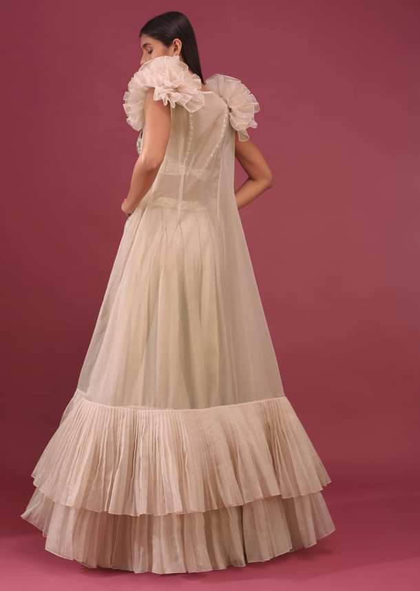 Bridesmaid Champagne Brown Lehenga Set With Ruffle Shrug And Embroidery