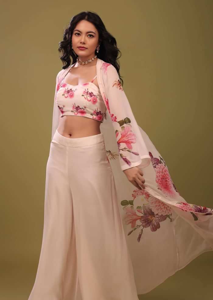 Bright White Palazzo Top Set With Shrug In A Breezy Floral Print And Embroidery
