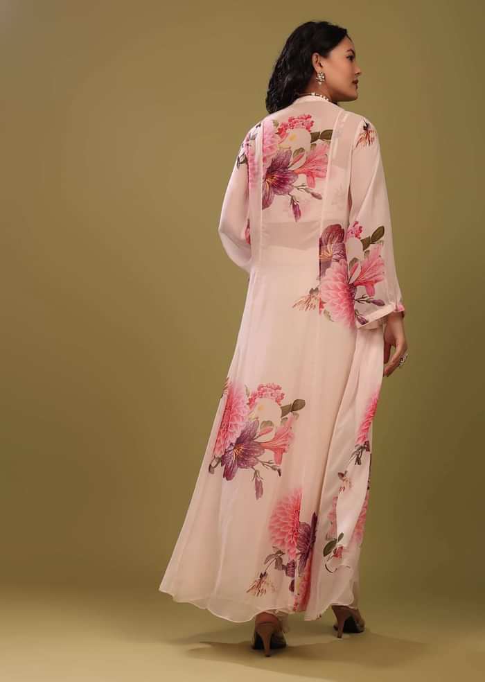 Bright White Palazzo Top Set With Shrug In A Breezy Floral Print And Embroidery