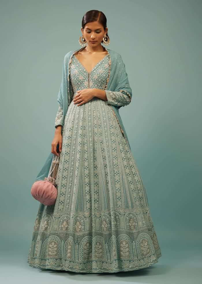 Powder Blue Lucknowi Anarkali Suit In Georgette With Embroidery